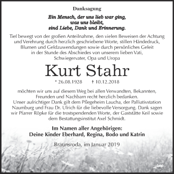 Traueranzeige von Kurt Stahr von WVG - Wochenspiegel NMB / WSF / ZTZ