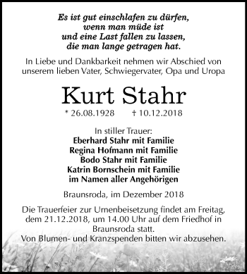 Traueranzeige von Kurt Stahr von Mitteldeutsche Zeitung Naumburg/Nebra