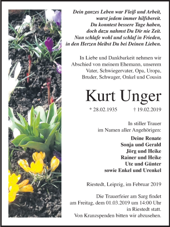 Traueranzeige von Kurt Unger von Mitteldeutsche Zeitung Sangerhausen