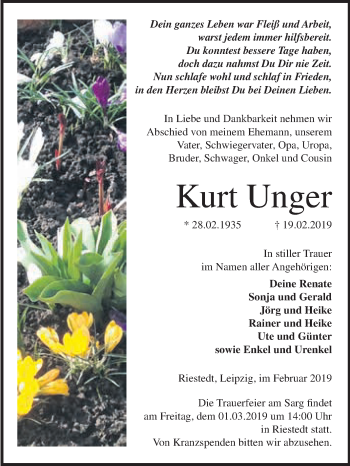 Traueranzeige von Kurt Unger von Super Sonntag SGH Mansf. Land