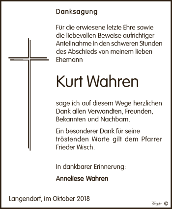 Traueranzeige von Kurt Wahren von WVG - Wochenspiegel NMB / WSF / ZTZ