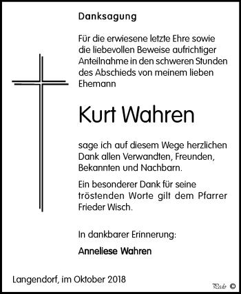 Traueranzeige von Kurt Wahren von Mitteldeutsche Zeitung Weißenfels