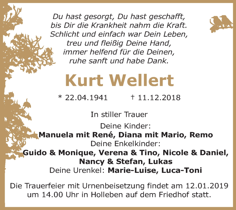  Traueranzeige für Kurt Wellert vom 05.01.2019 aus Mitteldeutsche Zeitung Halle/Saalkreis