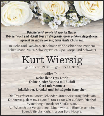 Traueranzeige von Kurt Wiersig von WVG - Wochenspiegel Wittenberg