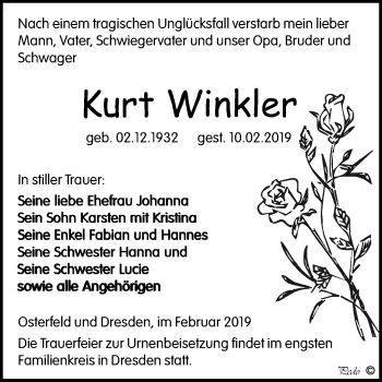 Traueranzeige von Kurt Winkler von WVG - Wochenspiegel NMB / WSF / ZTZ