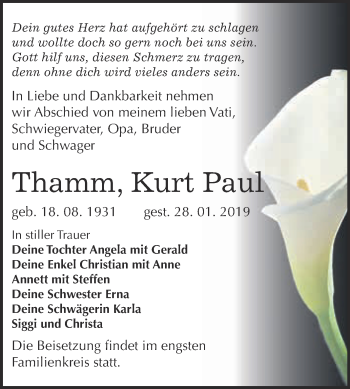 Traueranzeige von Kurt Paul Thamm von Super Sonntag Wittenberg