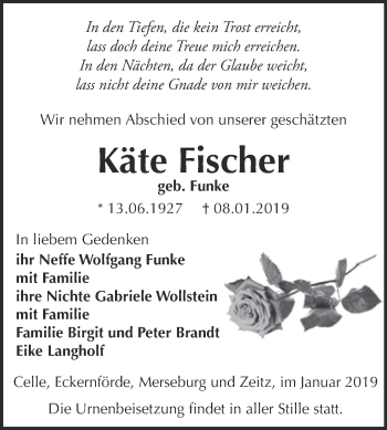 Traueranzeige von Käte Fischer von Super Sonntag Zeitz