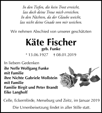 Traueranzeige von Käte Fischer von Mitteldeutsche Zeitung Zeitz
