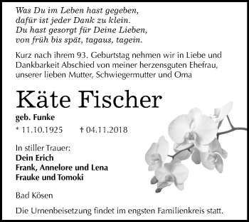 Traueranzeige von Käte Fischer von Mitteldeutsche Zeitung Naumburg/Nebra