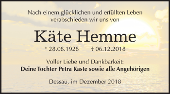 Traueranzeige von Käte Hemme von Mitteldeutsche Zeitung Dessau-Roßlau