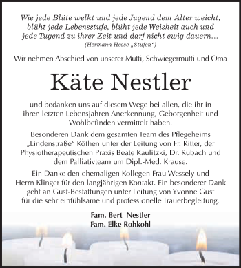 Traueranzeige von Käte Nestler von WVG - Wochenspiegel Dessau / Köthen