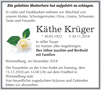 Traueranzeige von Käthe Krüger von Mitteldeutsche Zeitung Mansfelder Land