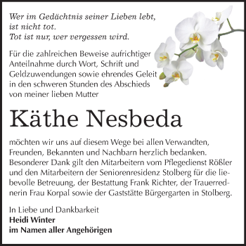 Traueranzeige von Käthe Nesbeda von Mitteldeutsche Zeitung Sangerhausen