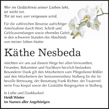 Traueranzeige von Käthe Nesbeda von Super Sonntag SGH Mansf. Land