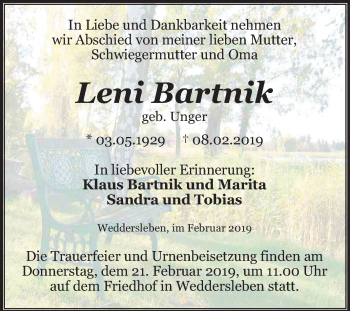 Traueranzeige von Leni Bartnik von Mitteldeutsche Zeitung Quedlinburg