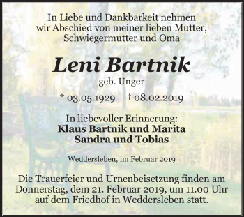 Traueranzeige von Leni Bartnik von Super Sonntag Aschersleben