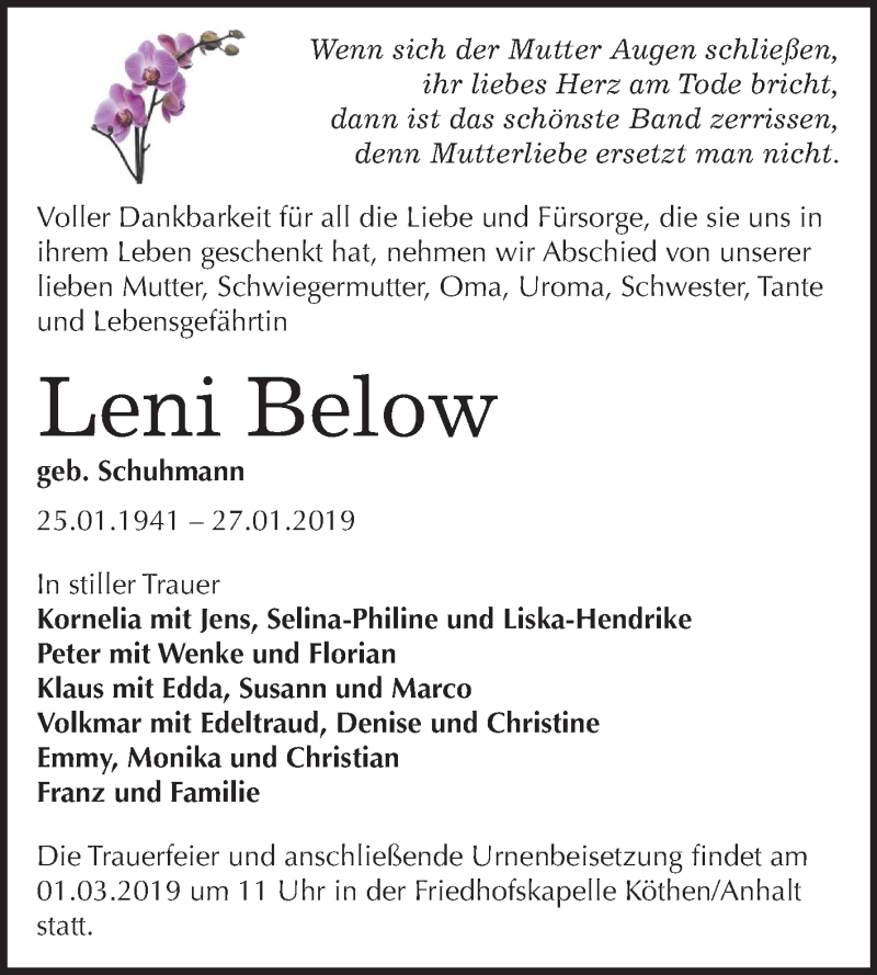  Traueranzeige für Leni Below vom 16.02.2019 aus Mitteldeutsche Zeitung Köthen