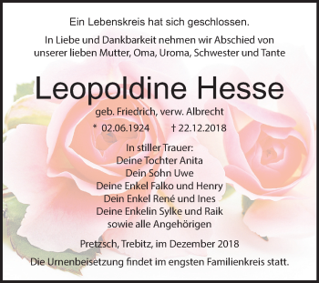 Traueranzeige von Leopoldine Hesse von Mitteldeutsche Zeitung Wittenberg