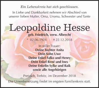 Traueranzeige von Leopoldine Hesse von WVG - Wochenspiegel Wittenberg