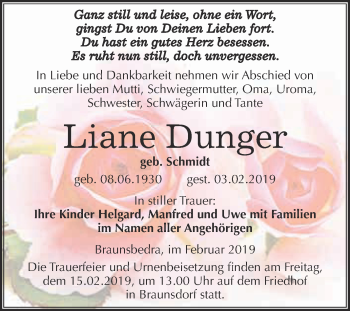 Traueranzeige von Liane Dunger von WVG - Wochenspiegel Merseburg