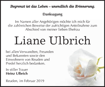 Traueranzeige von Liane Ulbrich von WVG - Wochenspiegel NMB / WSF / ZTZ