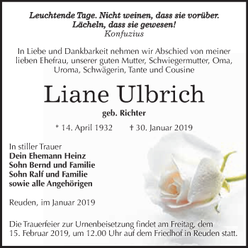 Traueranzeige von Liane Ulbrich von WVG - Wochenspiegel NMB / WSF / ZTZ
