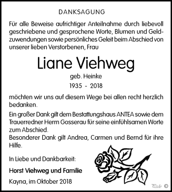 Traueranzeige von Liane Viehweg von Mitteldeutsche Zeitung Zeitz