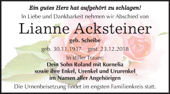 Traueranzeige von Lianne Acksteiner von Mitteldeutsche Zeitung Weißenfels