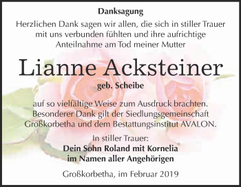 Traueranzeige von Lianne Acksteiner von WVG - Wochenspiegel Merseburg