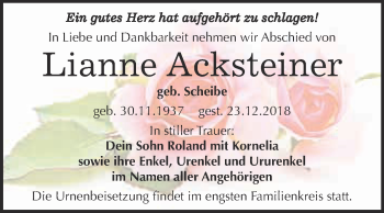 Traueranzeige von Lianne Acksteiner von WVG - Wochenspiegel Merseburg