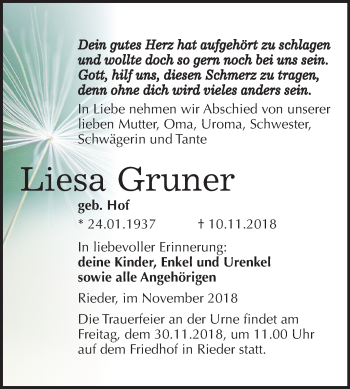 Traueranzeige von Liesa Gruner von Mitteldeutsche Zeitung Quedlinburg