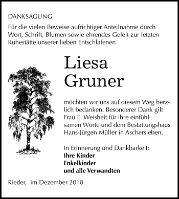 Traueranzeige von Liesa Gruner von Mitteldeutsche Zeitung Quedlinburg