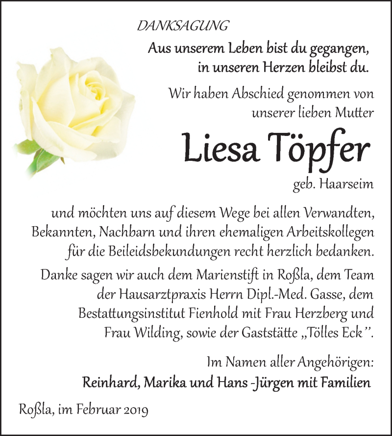  Traueranzeige für Liesa Töpfer vom 16.02.2019 aus Mitteldeutsche Zeitung