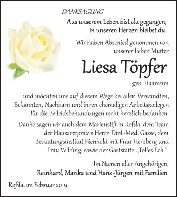 Traueranzeige von Liesa Töpfer von Mitteldeutsche Zeitung