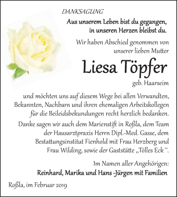 Traueranzeige von Liesa Töpfer von Super Sonntag SGH Mansf. Land