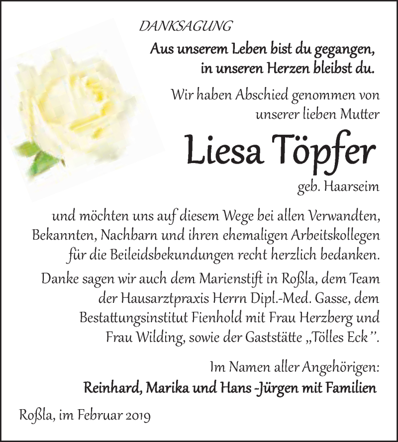  Traueranzeige für Liesa Töpfer vom 16.02.2019 aus Super Sonntag SGH Mansf. Land