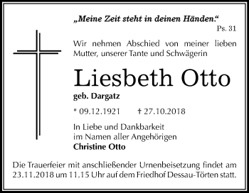 Traueranzeige von Liesbeth Otto von WVG - Wochenspiegel Dessau / Köthen