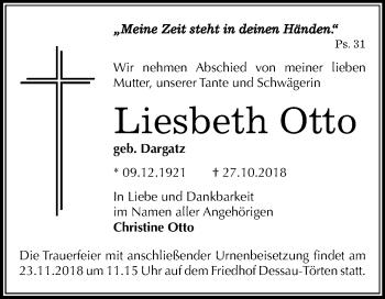 Traueranzeige von Liesbeth Otto von Mitteldeutsche Zeitung Dessau-Roßlau