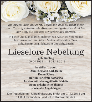 Traueranzeige von Lieselore Nebelung von Mitteldeutsche Zeitung Bitterfeld