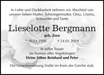 Traueranzeige von Lieselotte Bergmann von Mitteldeutsche Zeitung Halle/Saalkreis