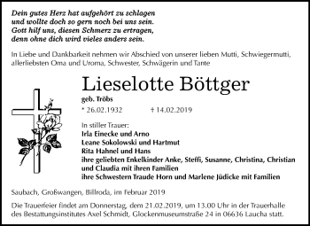 Traueranzeige von Lieselotte Böttger von WVG - Wochenspiegel NMB / WSF / ZTZ