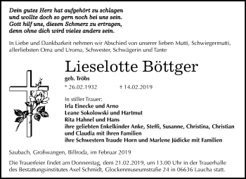 Traueranzeige von Lieselotte Böttger von Mitteldeutsche Zeitung