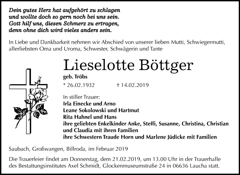  Traueranzeige für Lieselotte Böttger vom 16.02.2019 aus Mitteldeutsche Zeitung