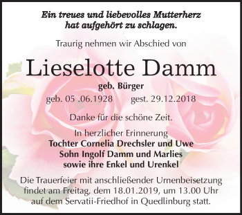 Traueranzeige von Lieselotte Damm von Mitteldeutsche Zeitung Quedlinburg