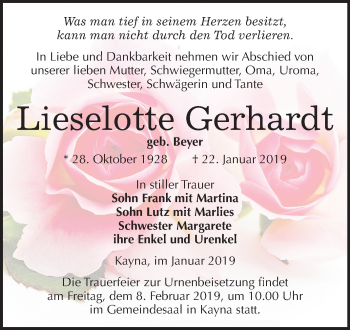 Traueranzeige von Lieselotte Gerhardt von Mitteldeutsche Zeitung