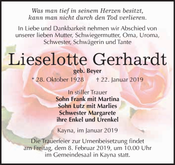 Traueranzeige von Lieselotte Gerhardt von Super Sonntag Zeitz