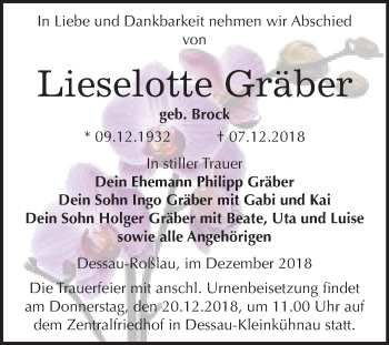 Traueranzeige von Lieselotte Gräber von Mitteldeutsche Zeitung Dessau-Roßlau