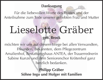 Traueranzeige von Lieselotte Gräber von WVG - Wochenspiegel Dessau / Köthen