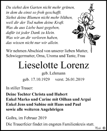 Traueranzeige von Lieselotte Lorenz von Mitteldeutsche Zeitung Zeitz