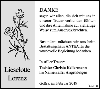 Traueranzeige von Lieselotte Lorenz von WVG - Wochenspiegel NMB / WSF / ZTZ